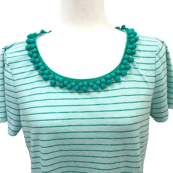 Talbots Green Striped Pom Pom Scoop Neckline Linen Blend T-shirt Top - Picture 2 of 7